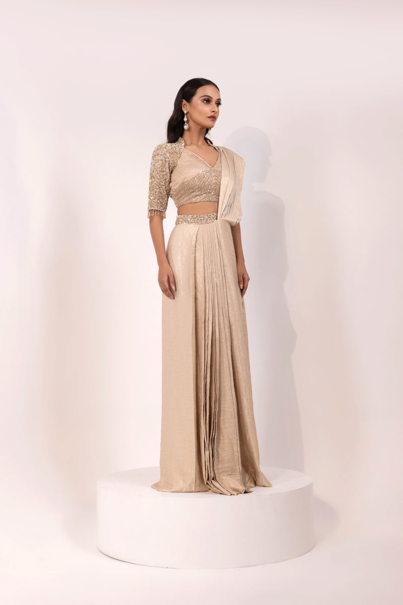 Gold Sequin Embellished Blouse with Matching Saree
