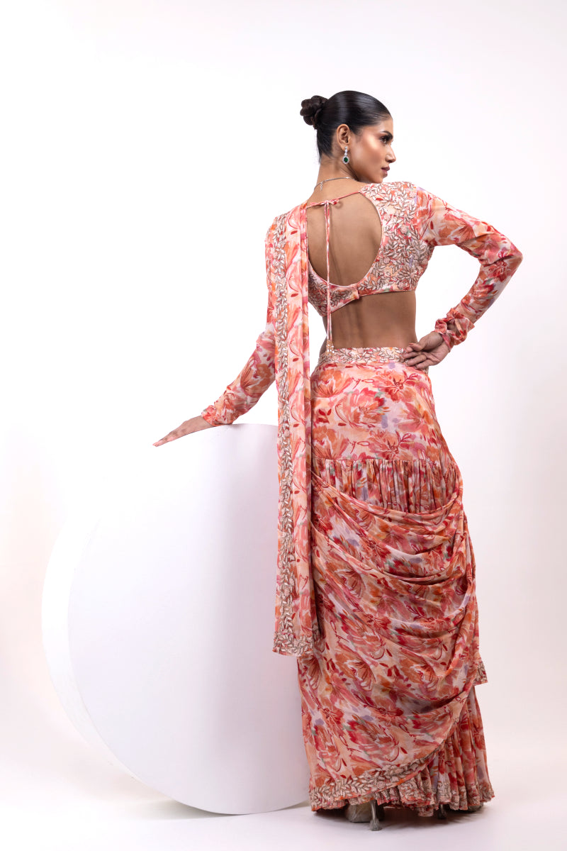 Printed Ruffle Saree with Embellished Full-Sleeve Blouse