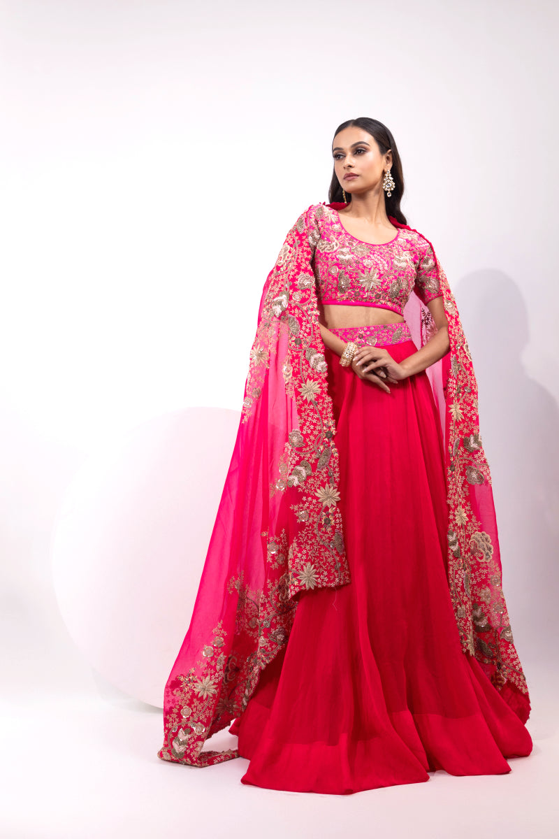 Pink Embroidered Blouse with Matching Lehenga and Sheer Dupatta