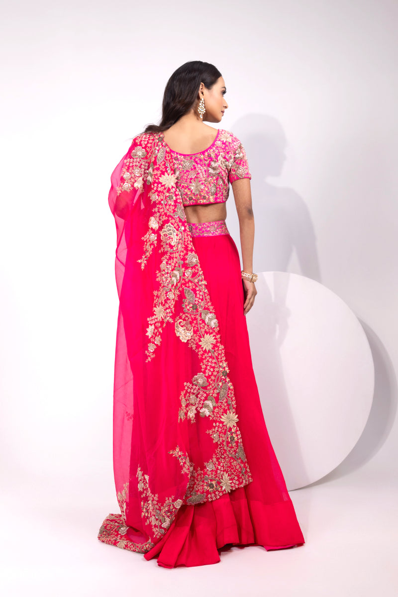 Pink Embroidered Blouse with Matching Lehenga and Sheer Dupatta