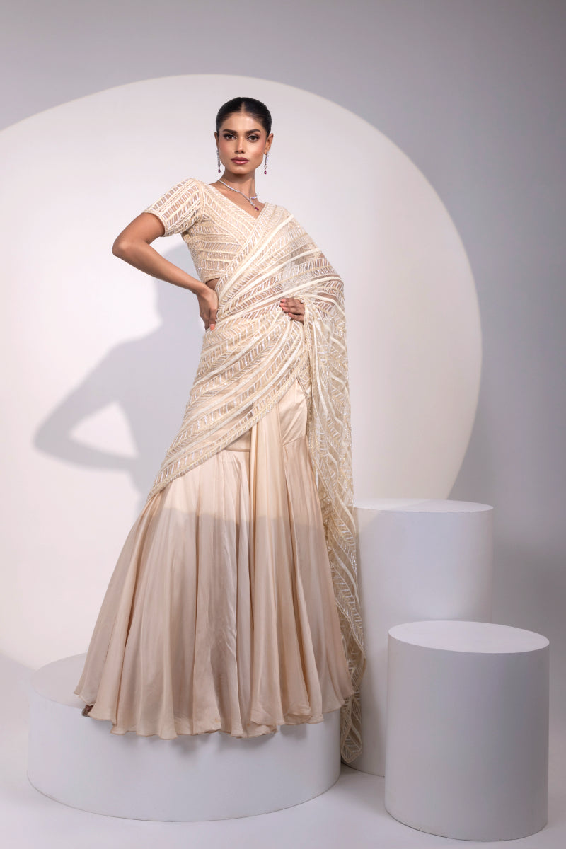 Ivory Sequin Embroidered Saree with Matching Blouse
