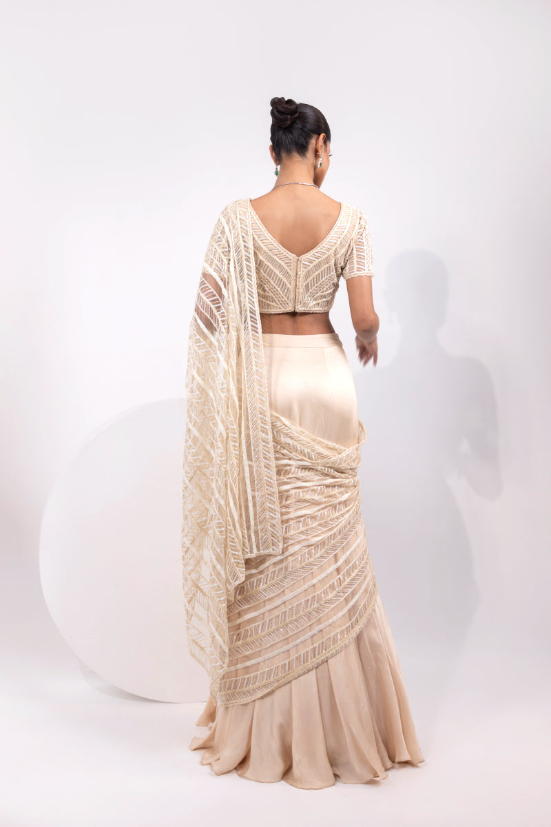 Ivory Sequin Embroidered Saree with Matching Blouse