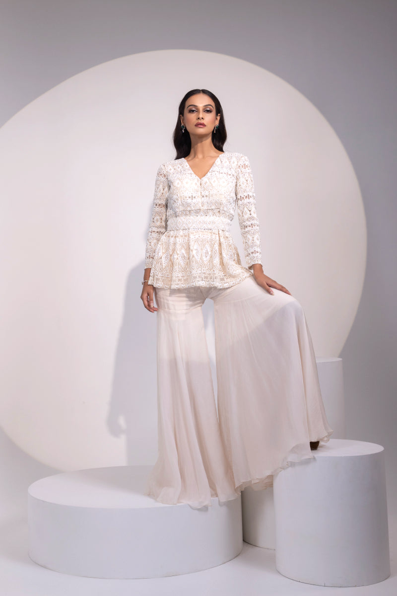 White Lace Long-Sleeve Peplum Top