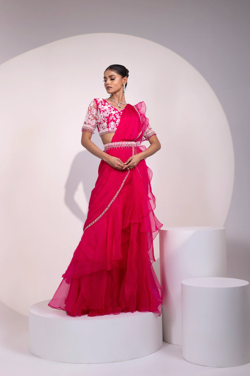 Pink Saree with White Floral Embroidered Blouse and Beaded Detailing