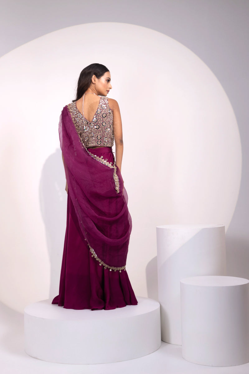 Plum Mirror-Embellished Blouse with Matching Saree