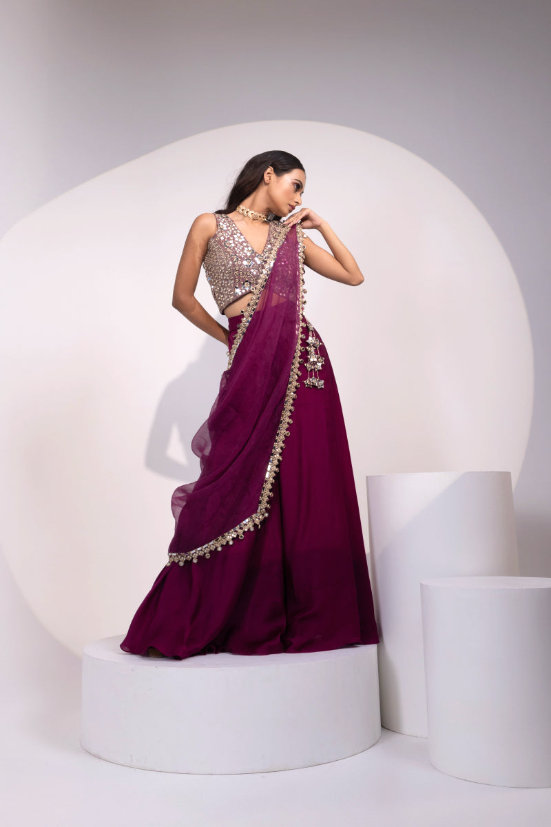 Plum Mirror-Embellished Blouse with Matching Saree