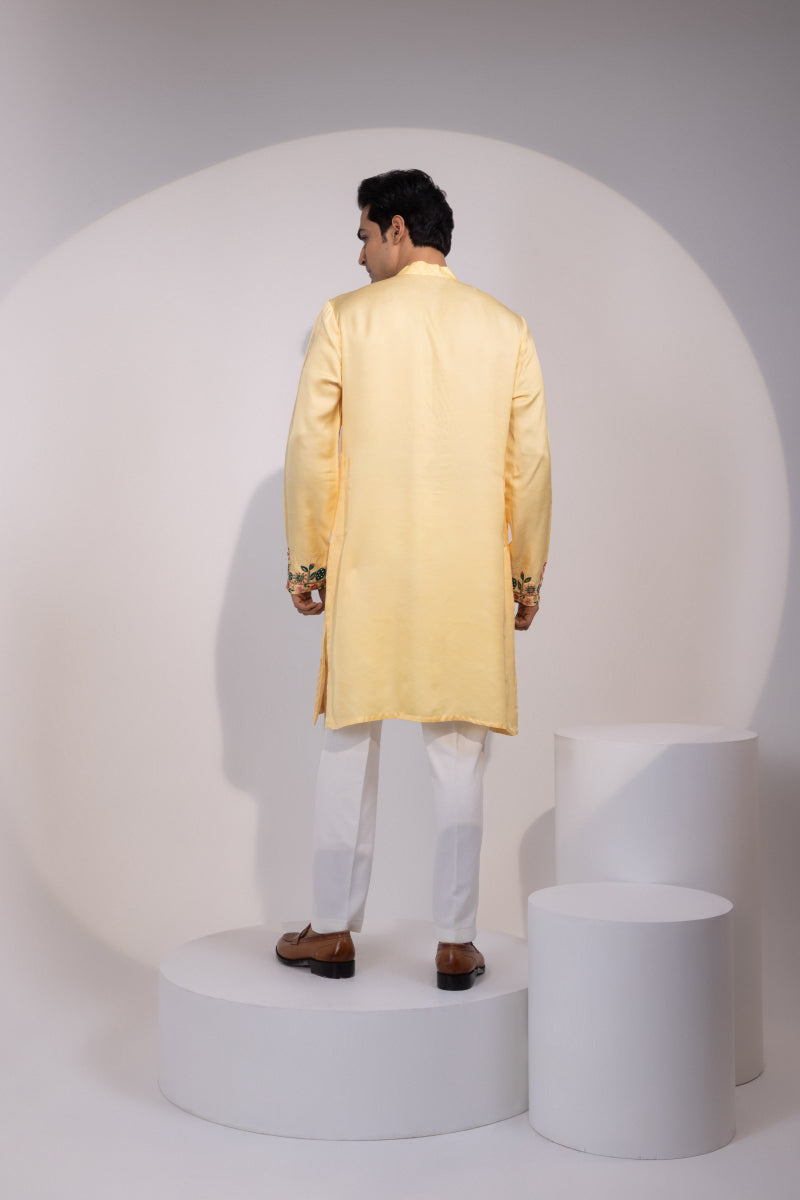 Pastel Yellow Cuff Embroidered Kurta