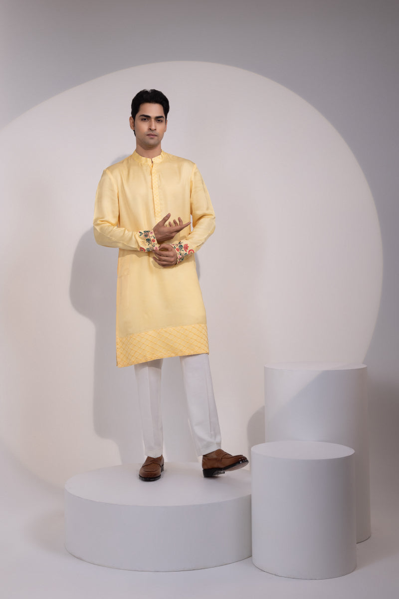 Pastel Yellow Cuff Embroidered Kurta