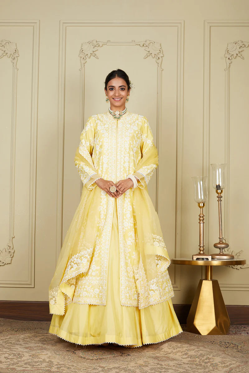 Zahria Lemon Yellow Jacket Lehenga With Blouse And Dupatta