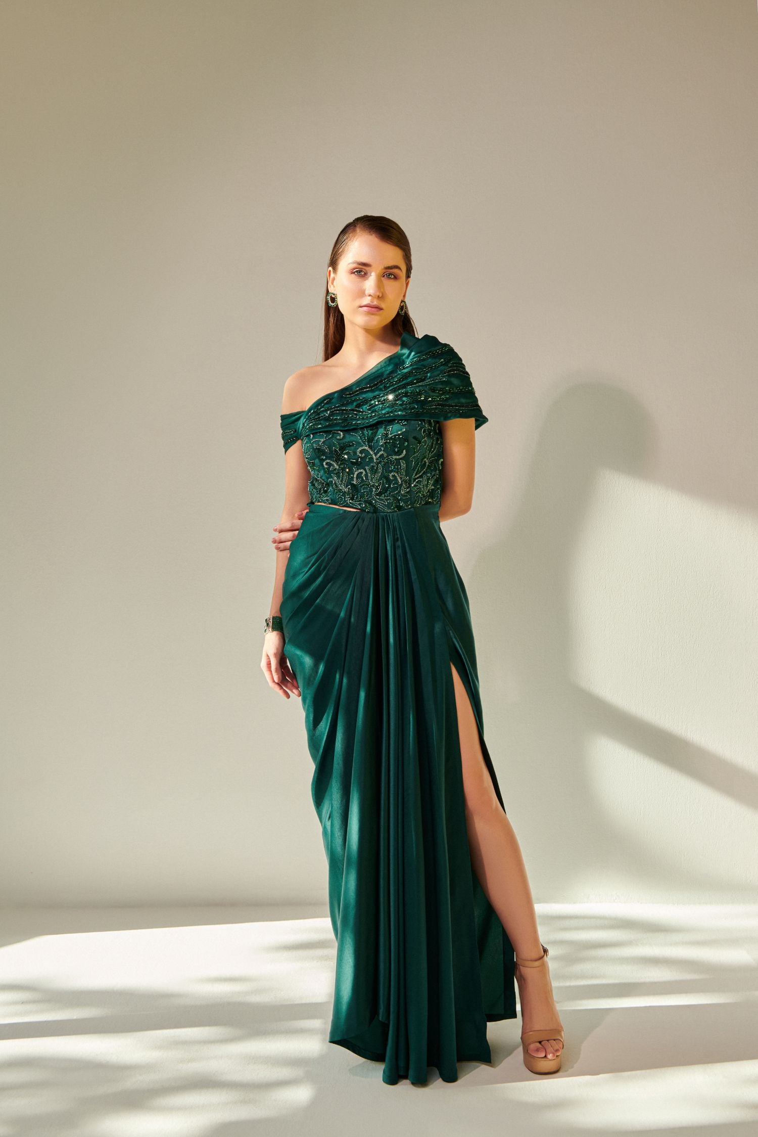 Off Shoulder Emerald Green Drape Gown With Waist Cut-Out AGASHE Off Shoulder Emerald Green Drape Gown With Waist Cut-Out AGASHE