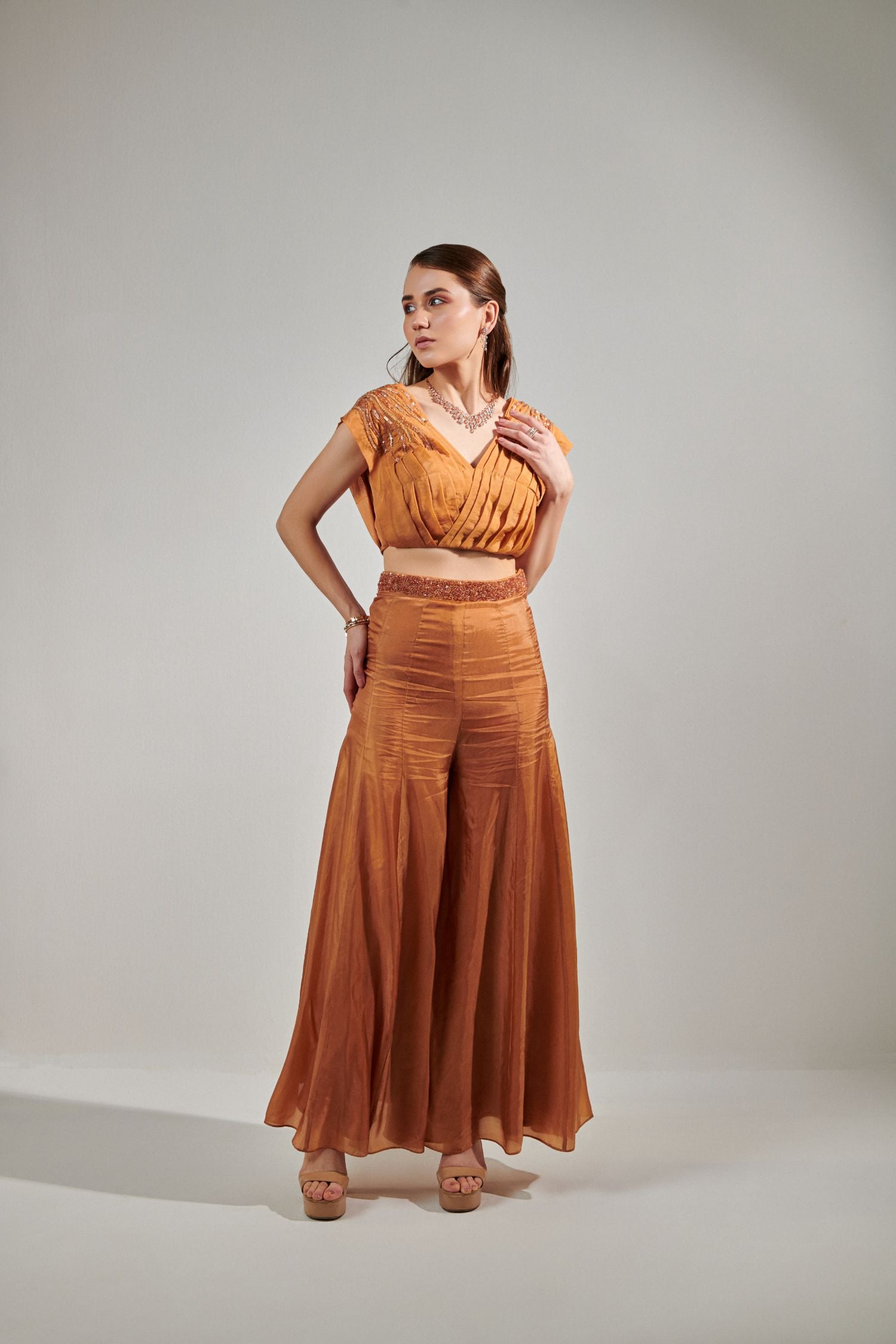 Honey Mustard Pleated Top And Sharara Set