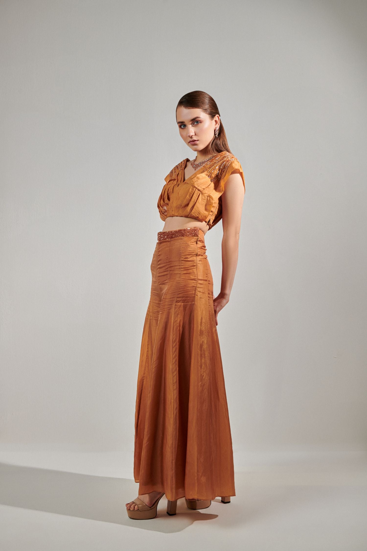 Honey Mustard Pleated Top And Sharara Set