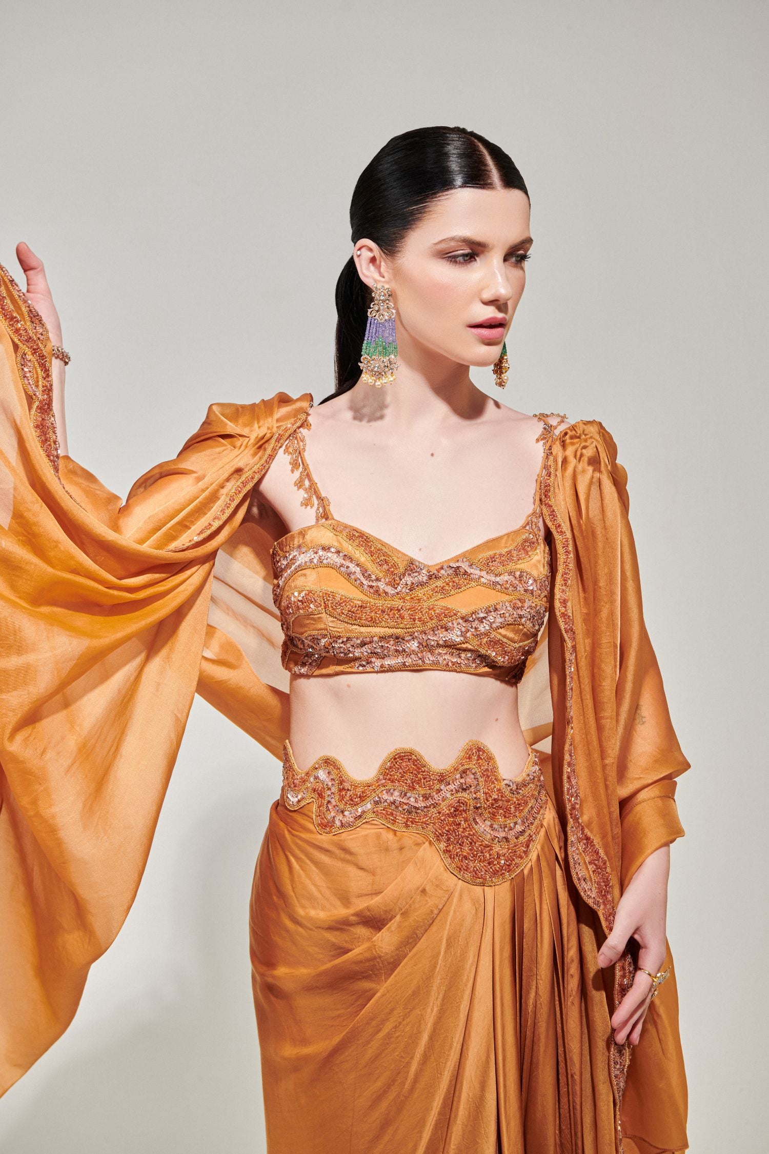 Honey Mustard Cowl Cape Set With Asymmetricdrape Skirt