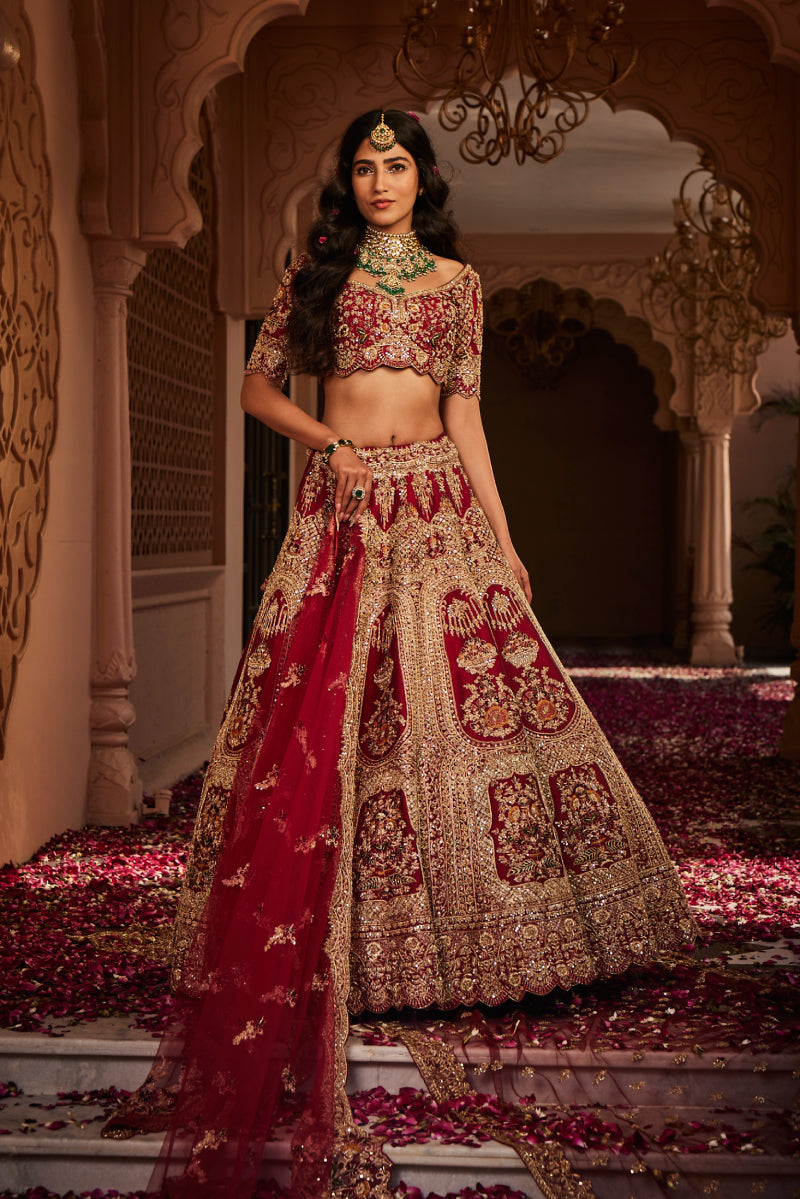 Red Heavily Embroidered Lehenga