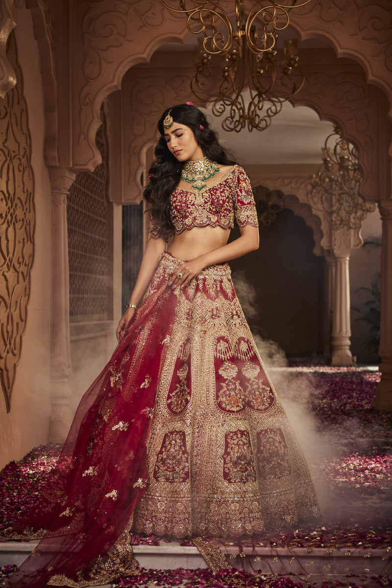 Red Heavily Embroidered Lehenga