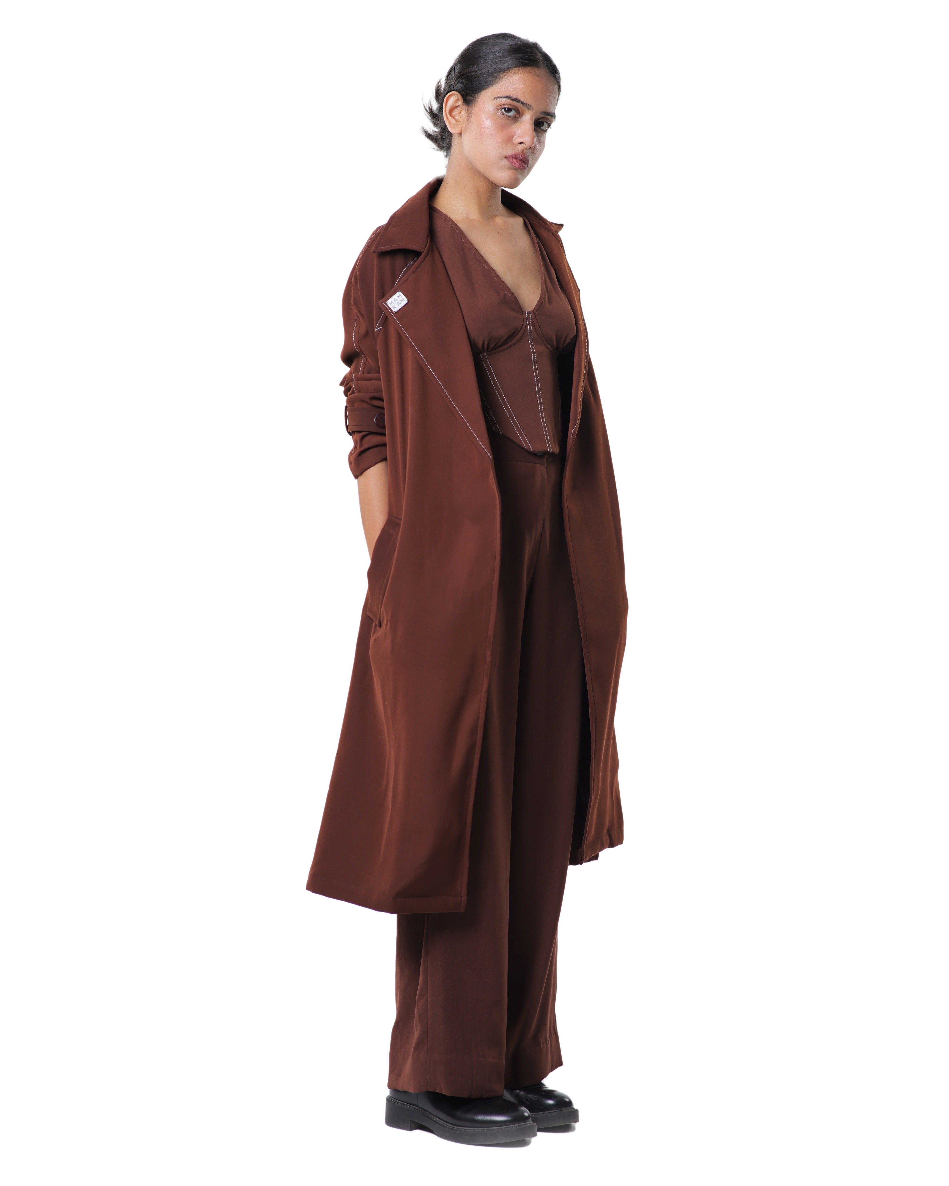 TRENCH COAT WITH AFFAIR CORSET PAIRED UP WITH HIGH WAISTED PANTS