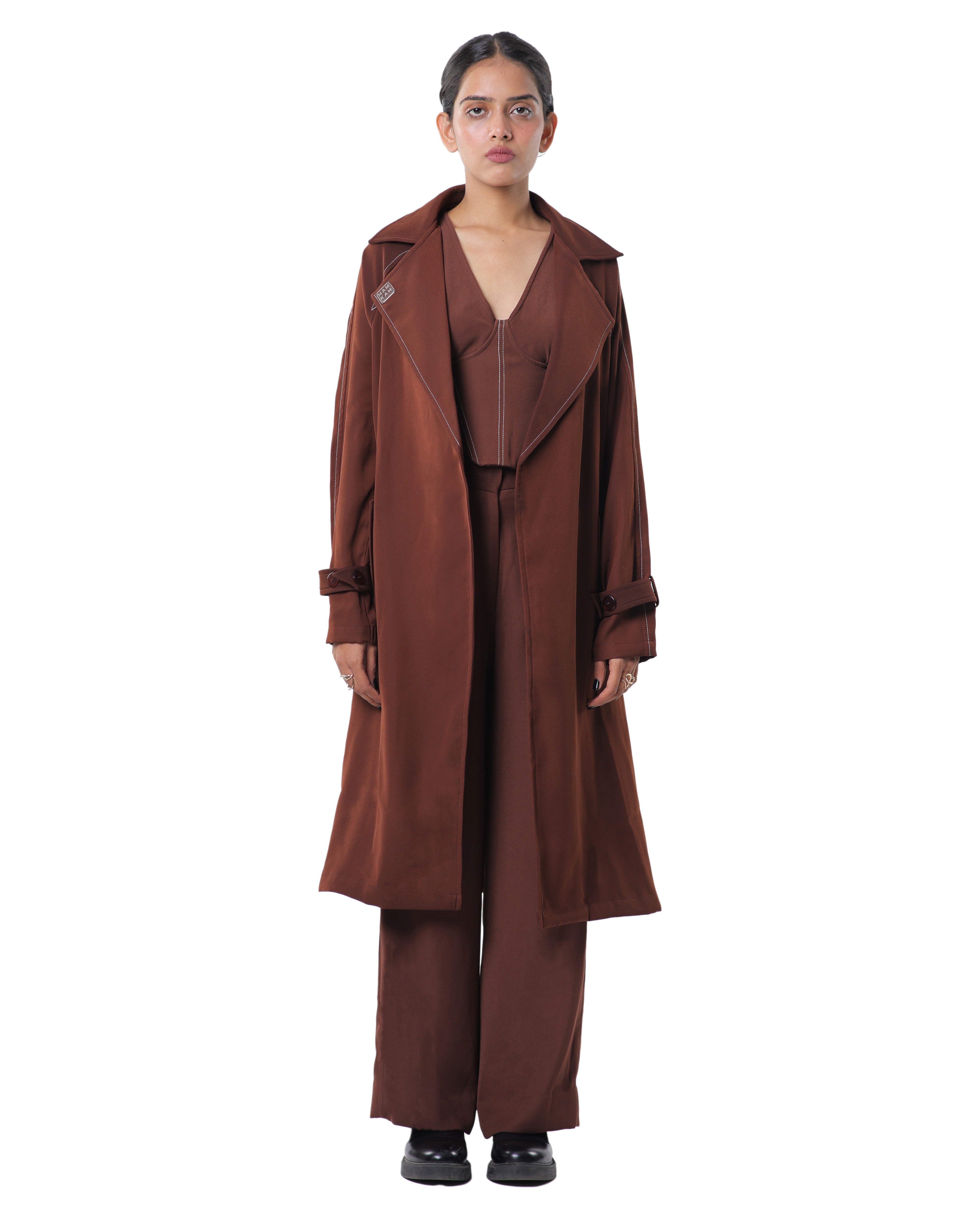 TRENCH COAT WITH AFFAIR CORSET PAIRED UP WITH HIGH WAISTED PANTS