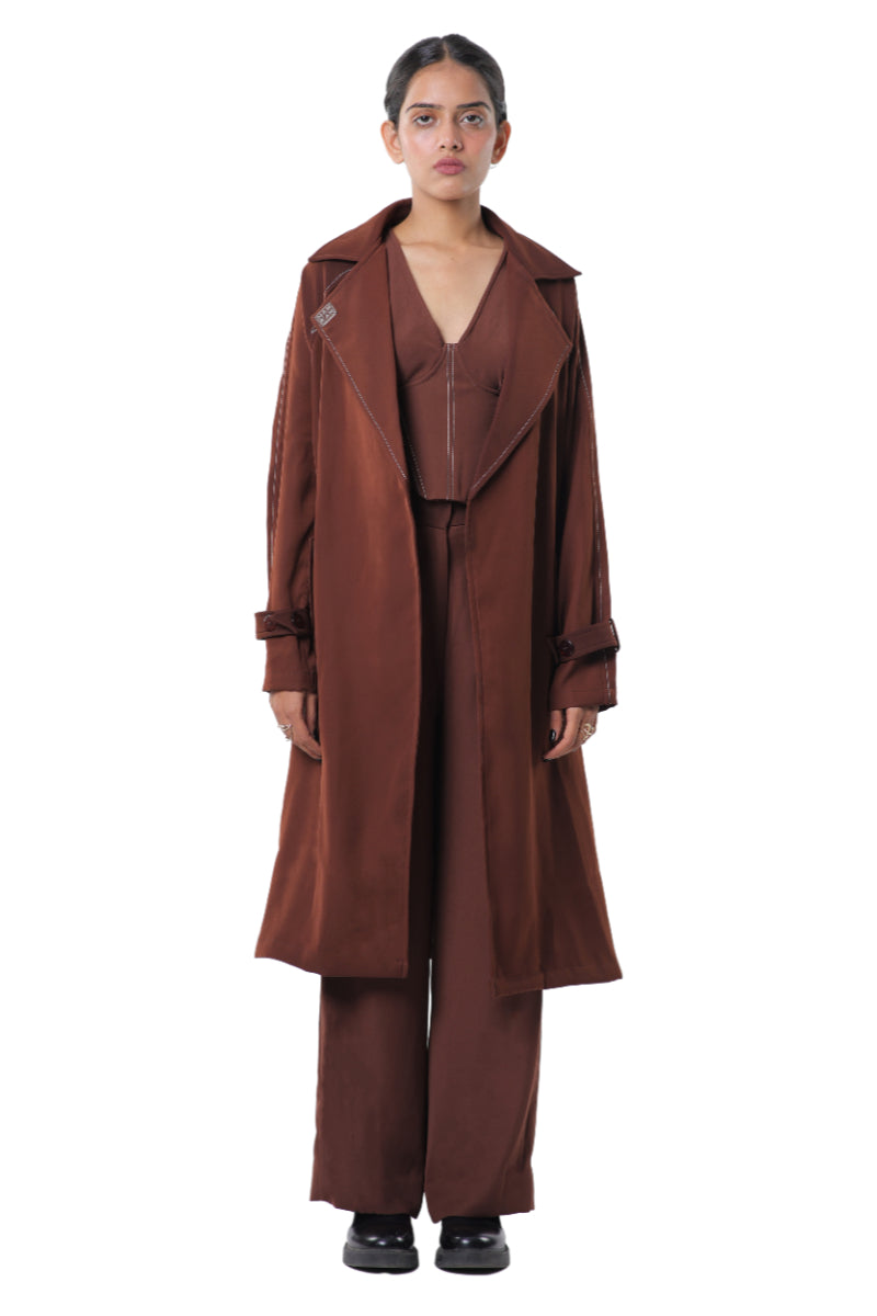 TRENCH COAT WITH AFFAIR CORSET PAIRED UP WITH HIGH WAISTED PANTS