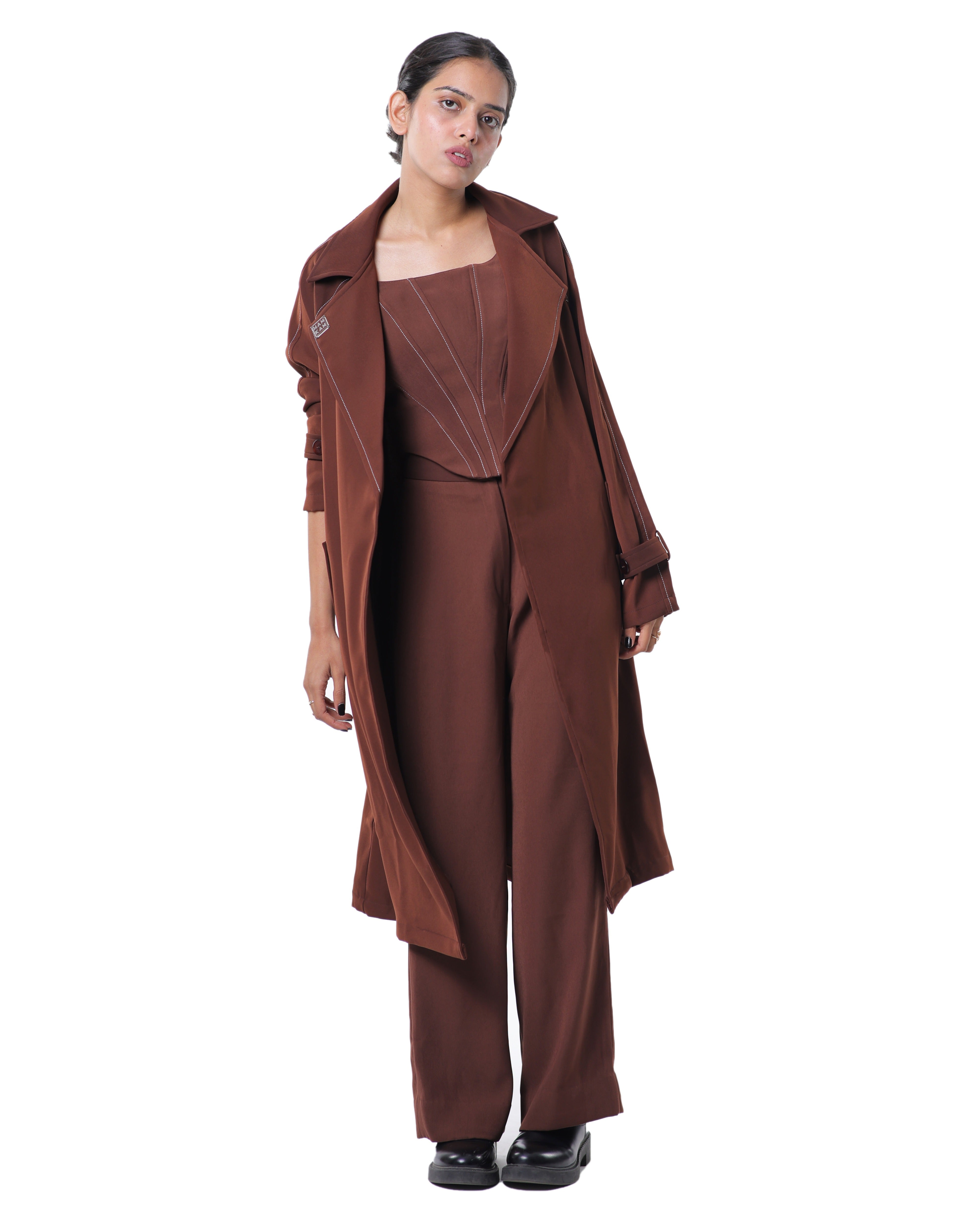 TRENCH COAT WITH KNOTTY CORSET PAIRED UP WITH HIGH WAISTED PANTS