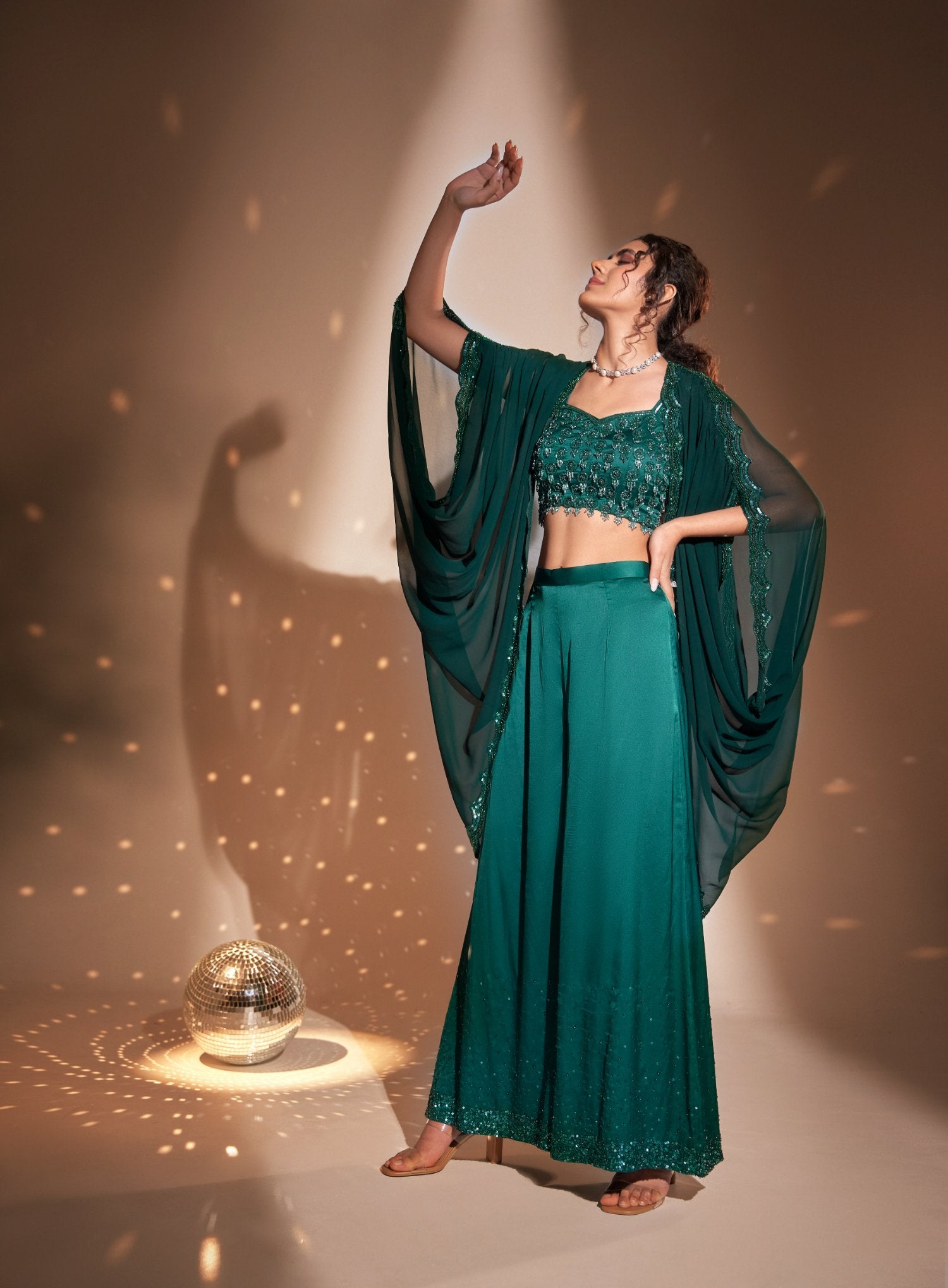 Draped Long Cape With Embroidered Bustier And Embellished Palazzo