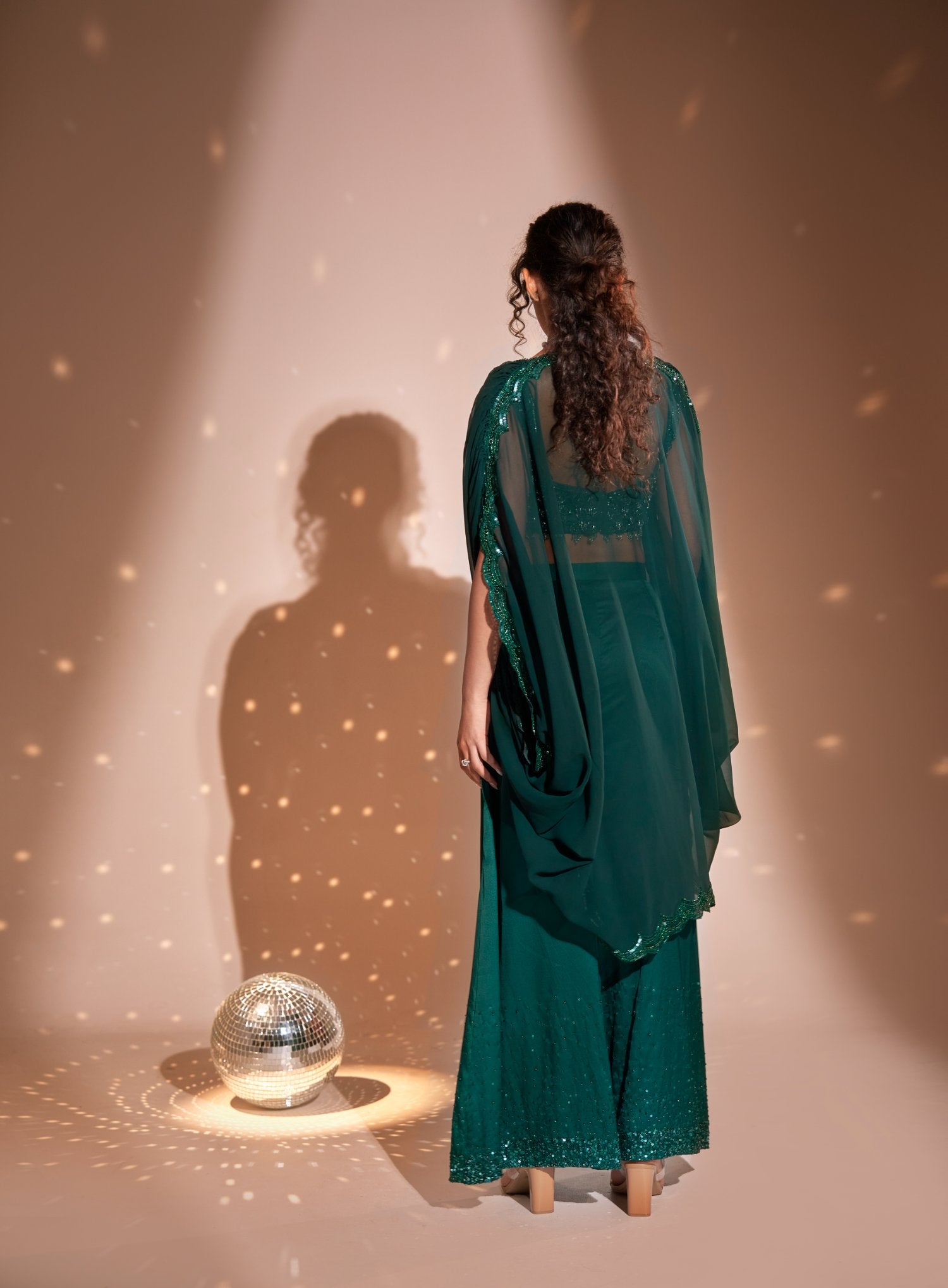 Draped Long Cape With Embroidered Bustier And Embellished Palazzo