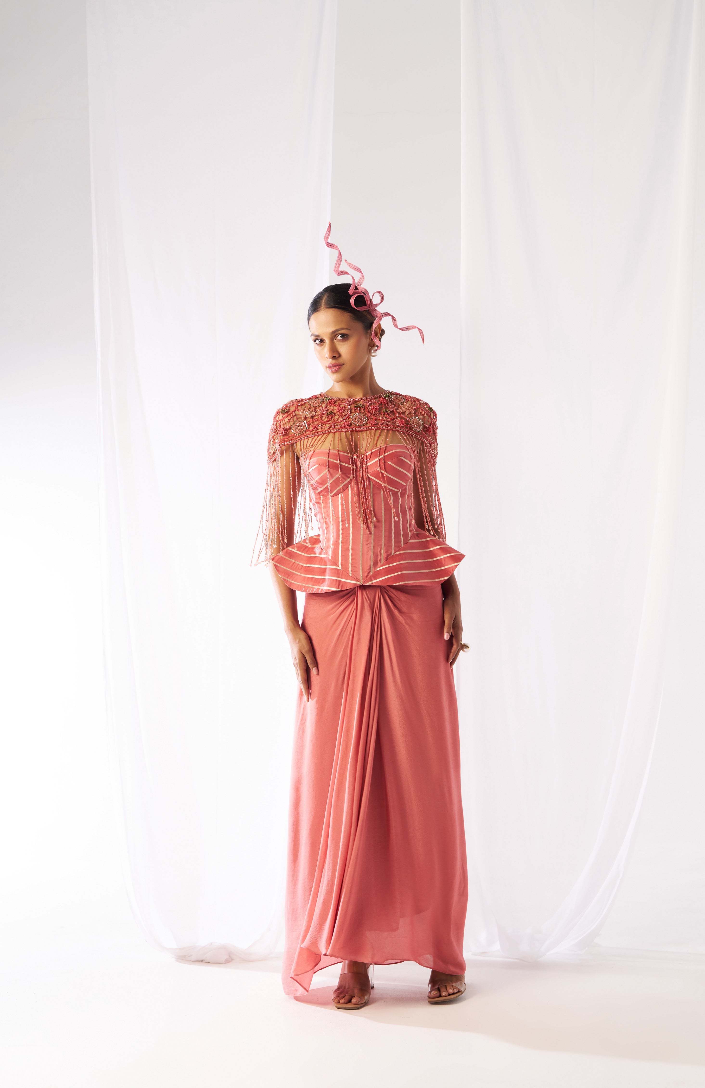 Prasanna Draped Skirt Cape And Corset Set