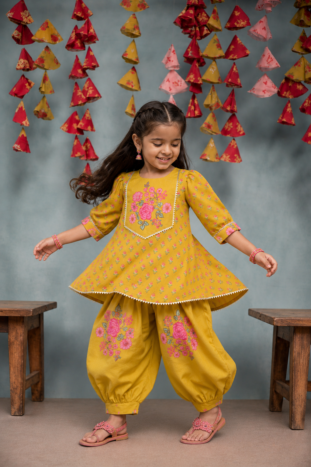 PRINTED MUSTARD KURTA SET WITH GOTA DETAILING