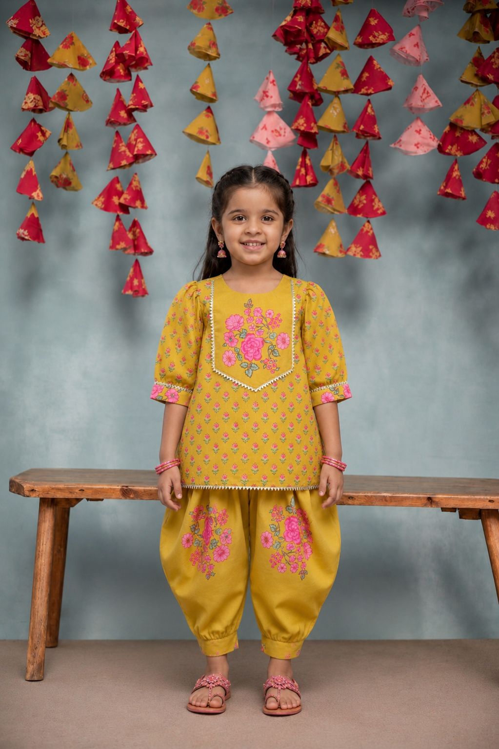 PRINTED MUSTARD KURTA SET WITH GOTA DETAILING