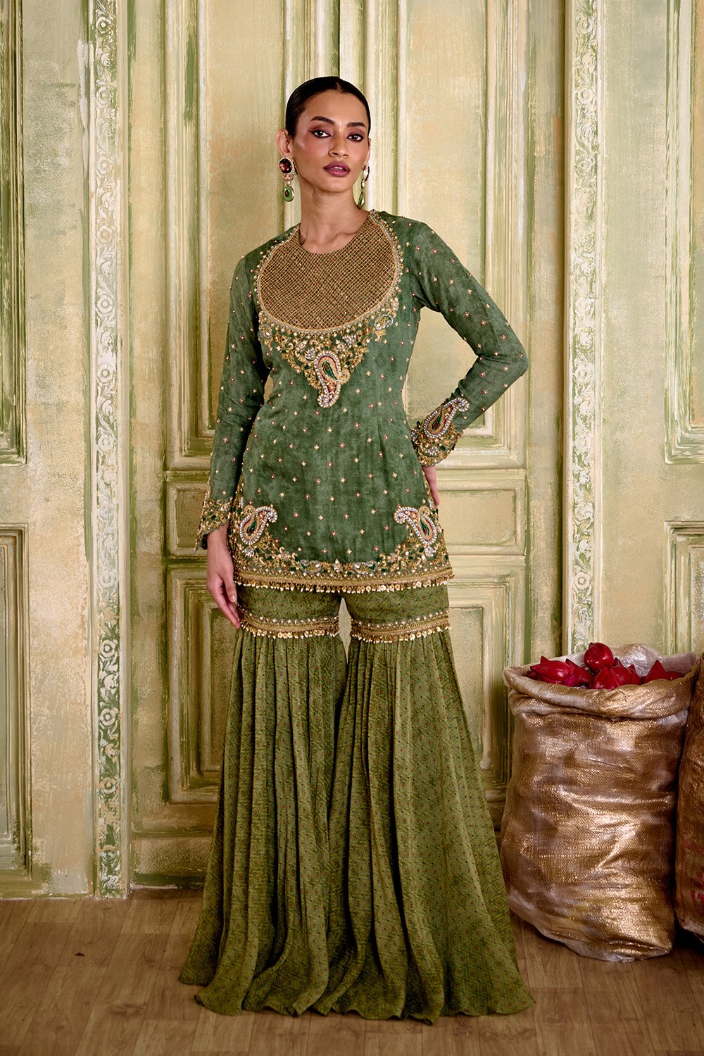 Gehna embroidered sage green sharara set