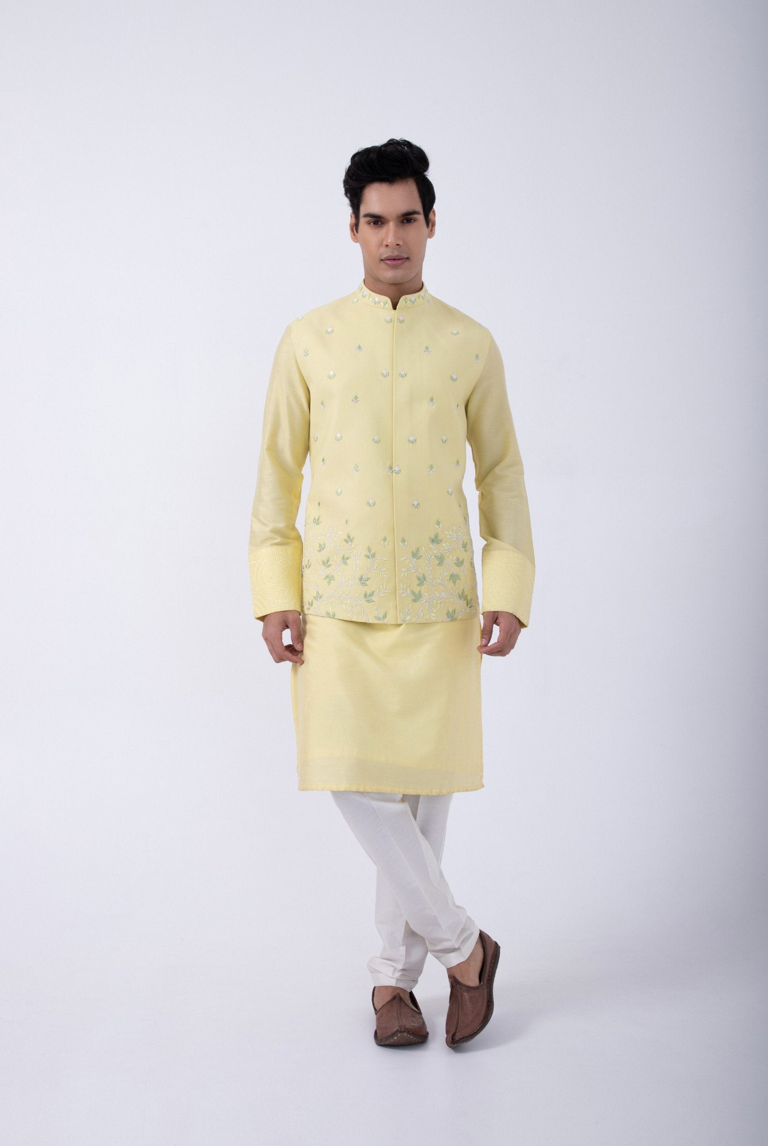 Yellow-White Sleeve Emb Bundi