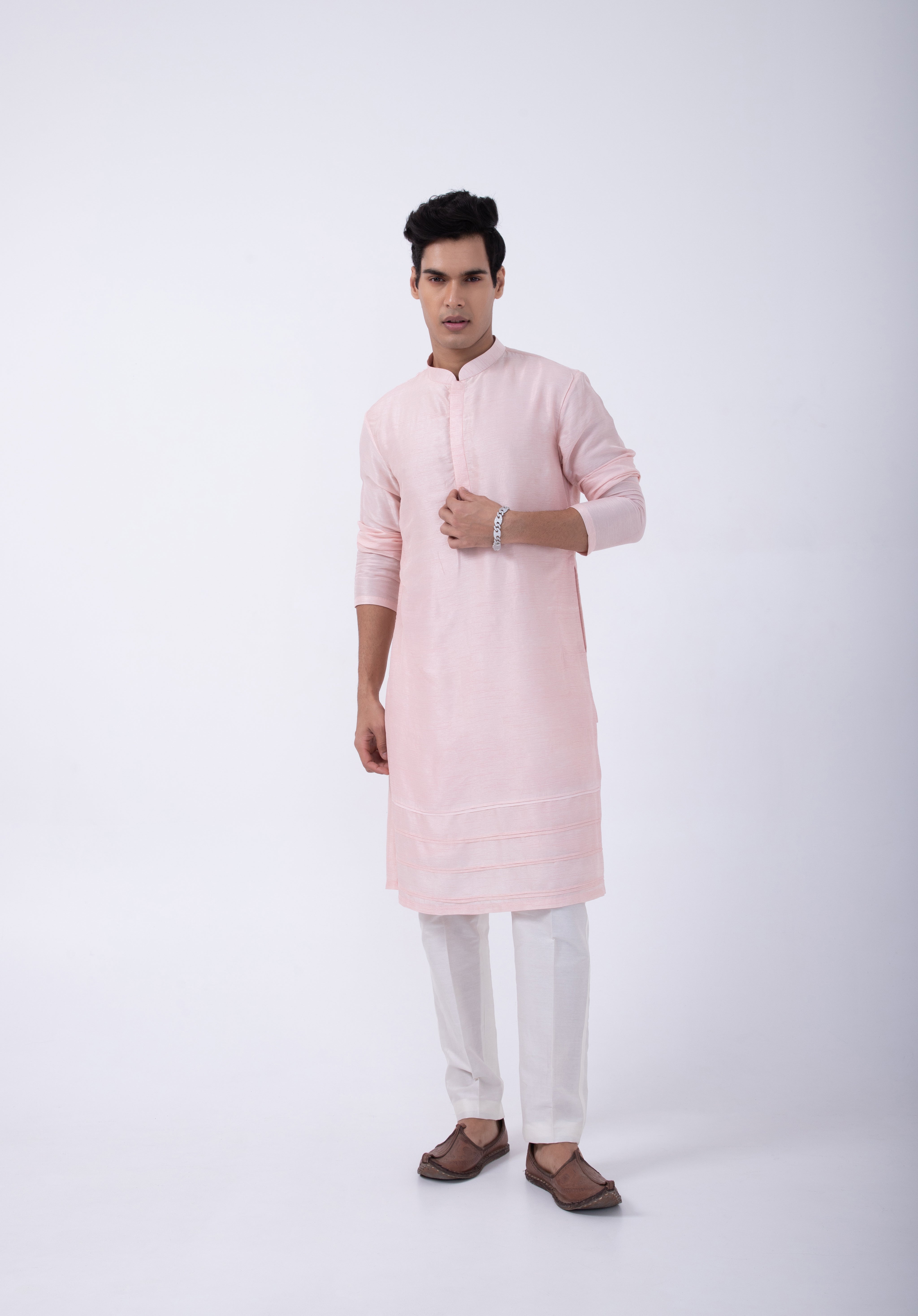 Pastel Pink Pintuck Kurta Set With Pastel Pink Garden Emb Bundi
