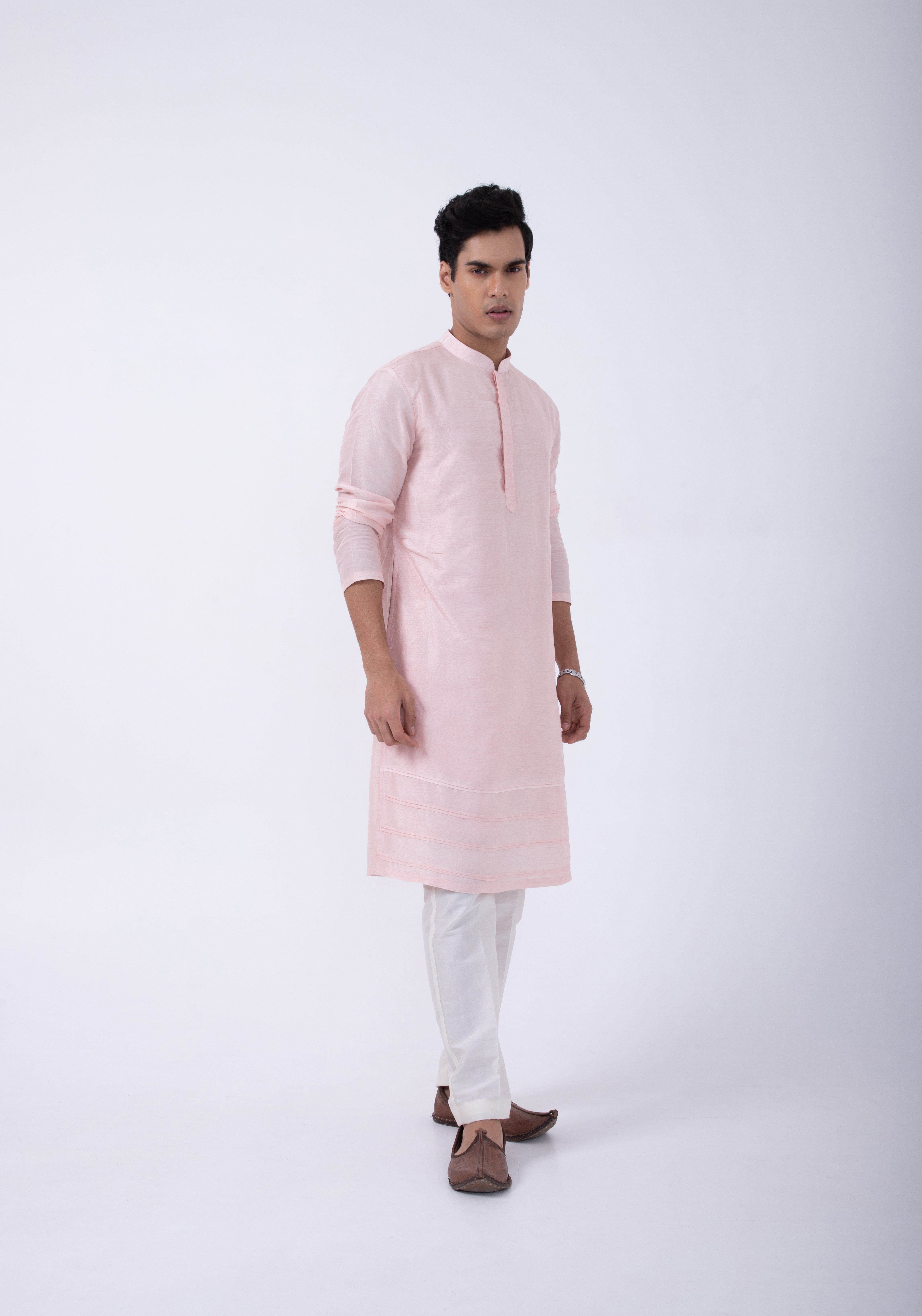 Pastel Pink Pintuck Kurta Set With Pastel Pink Garden Emb Bundi