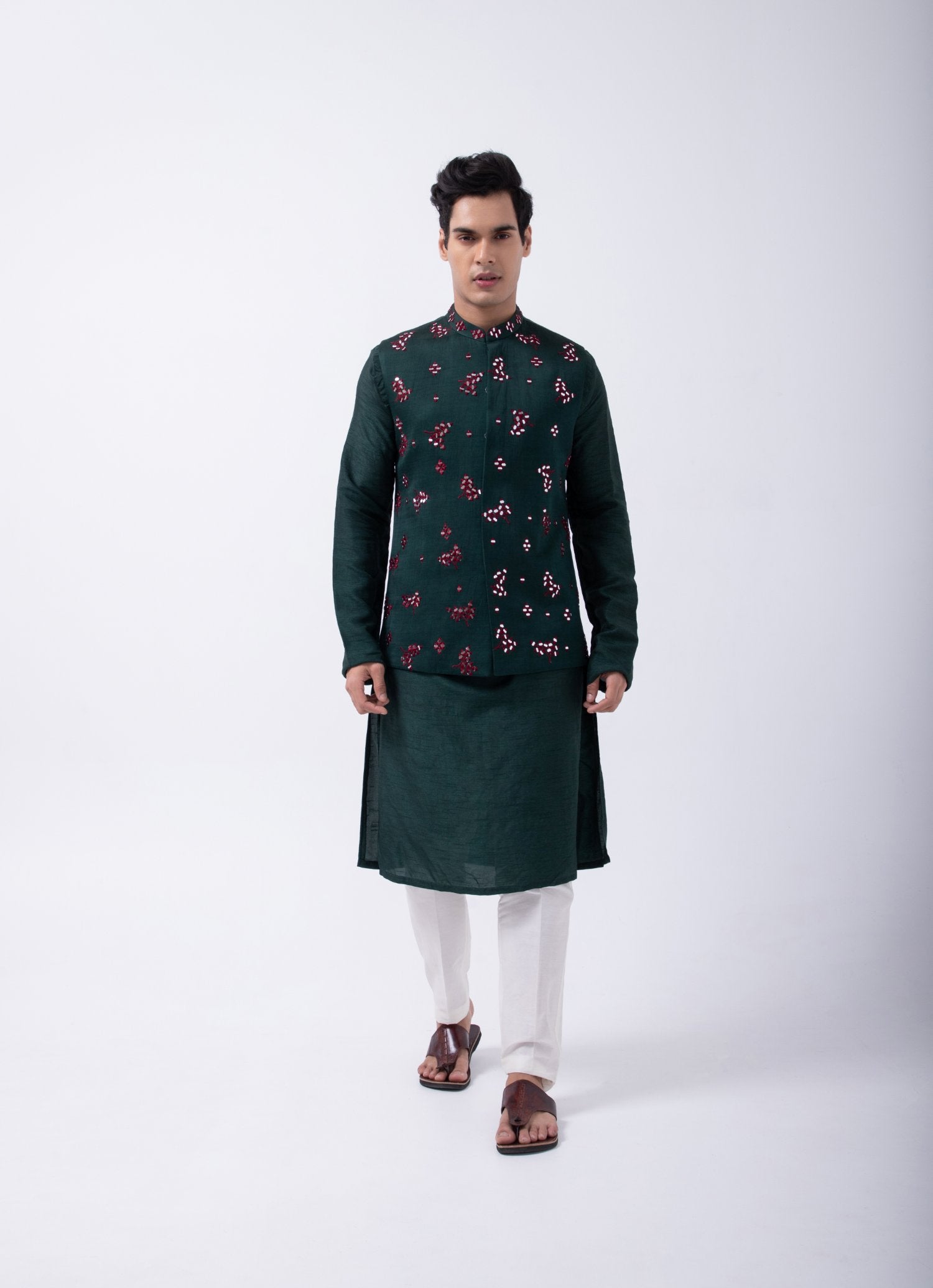 Bottle Green Contrast Floral Emb Bundi