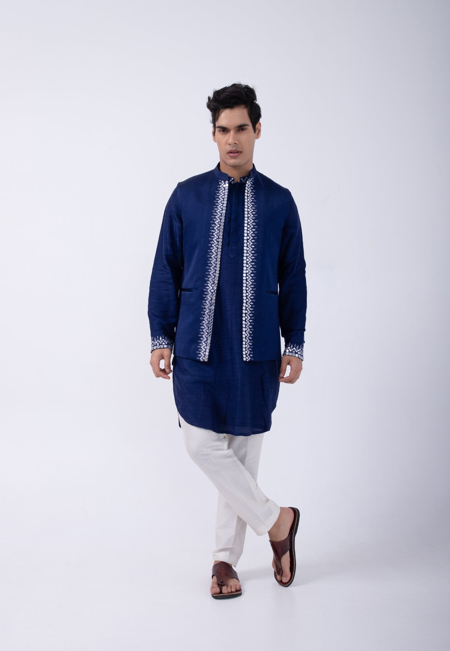Blue Silver Hand Emb Open Bundi