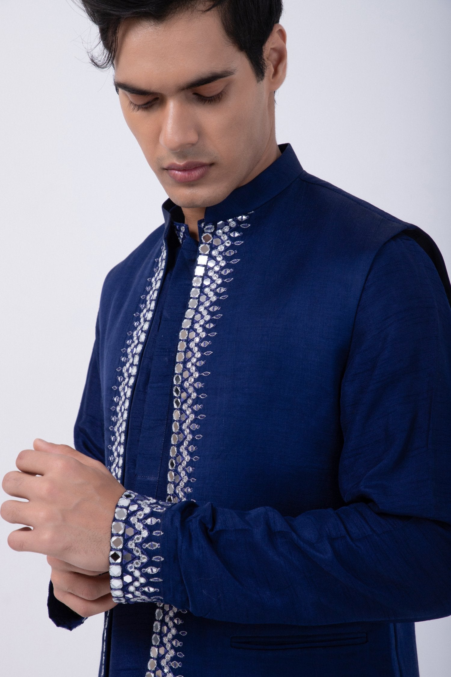 Blue Silver Hand Emb Open Bundi