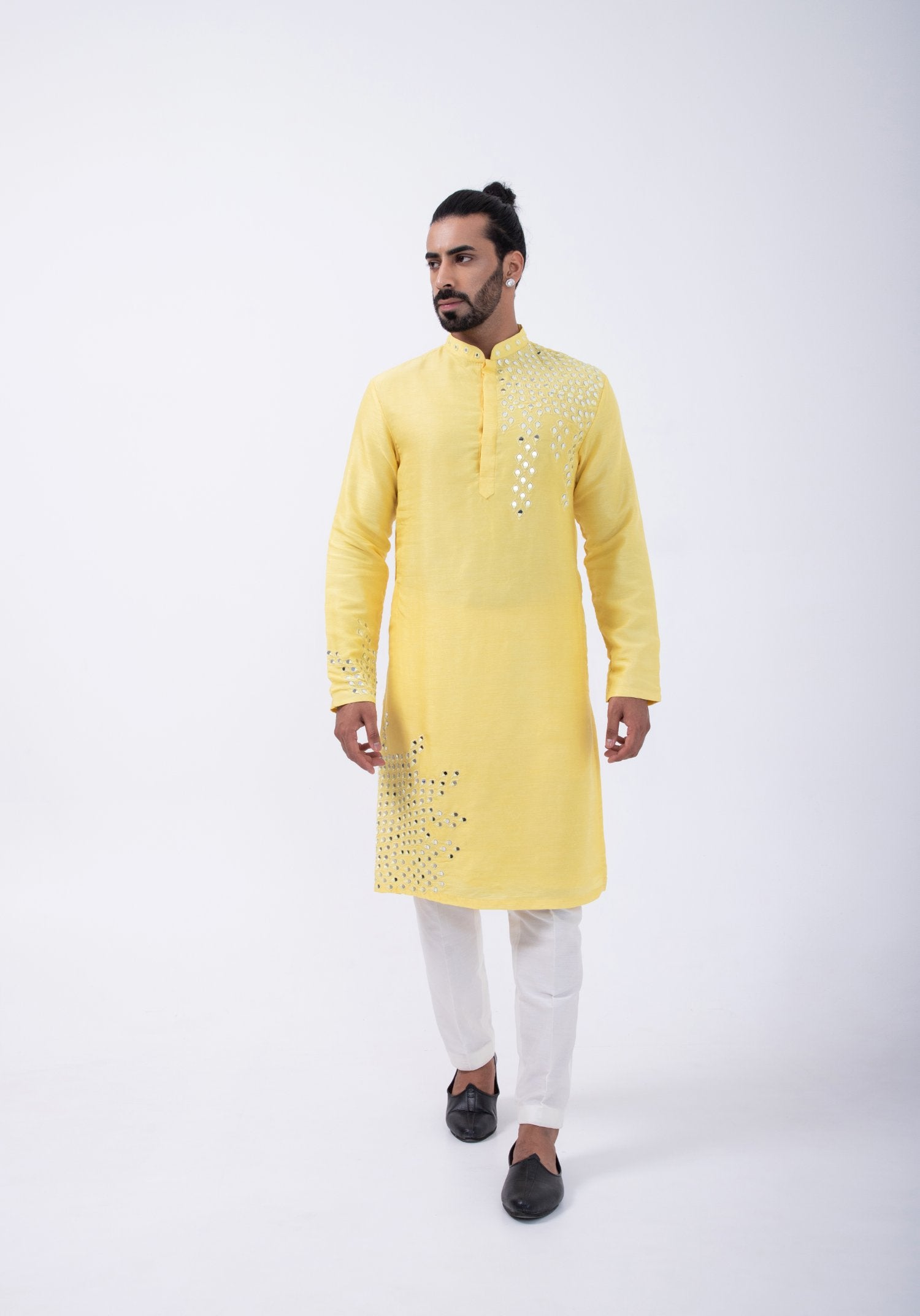 Yellow Peacock Mirror Placment Kurta Set