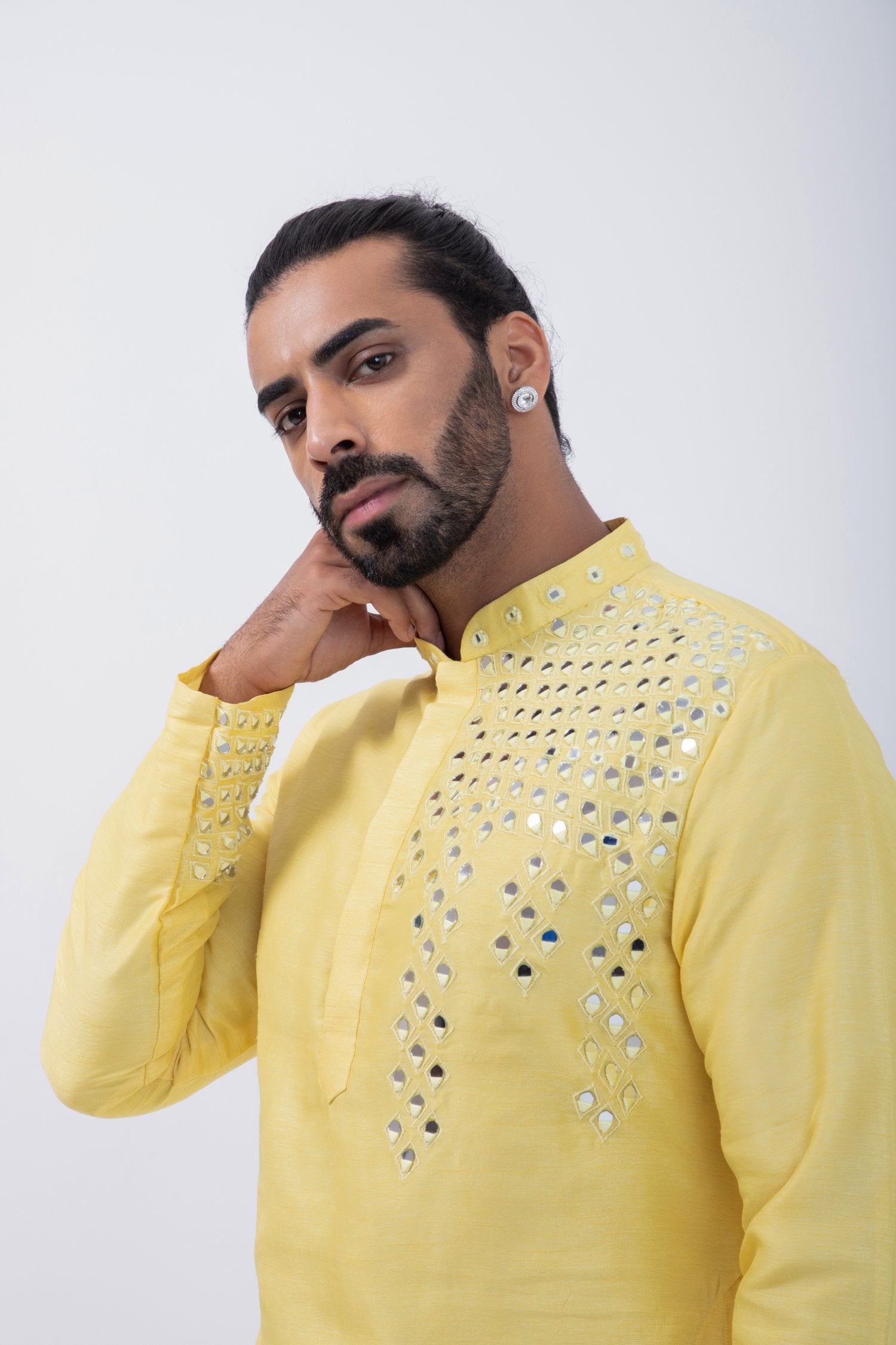 Yellow Peacock Mirror Placment Kurta Set