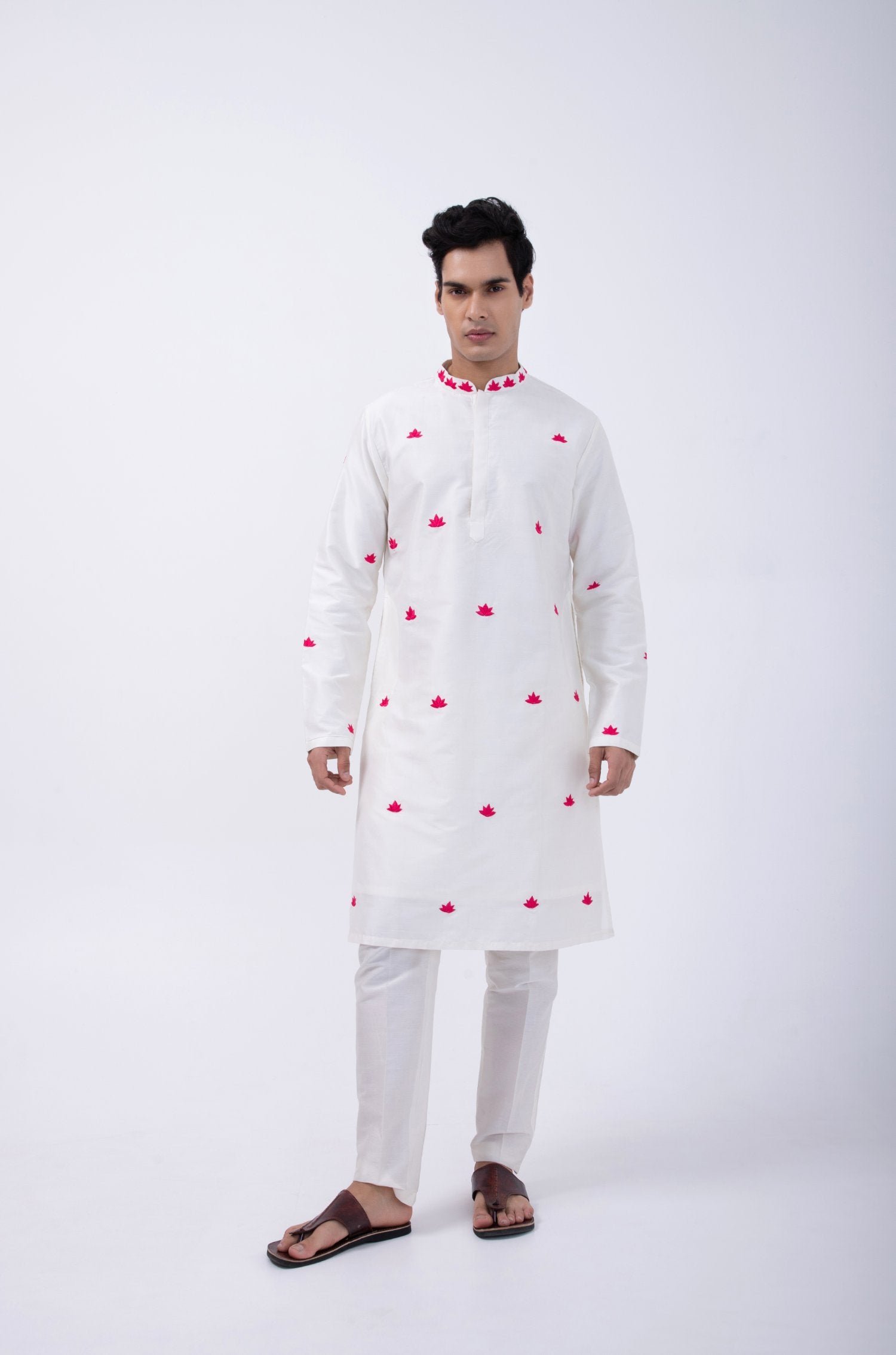 Ivory - Hot Pink Lotus Motif All Over Kurta Set