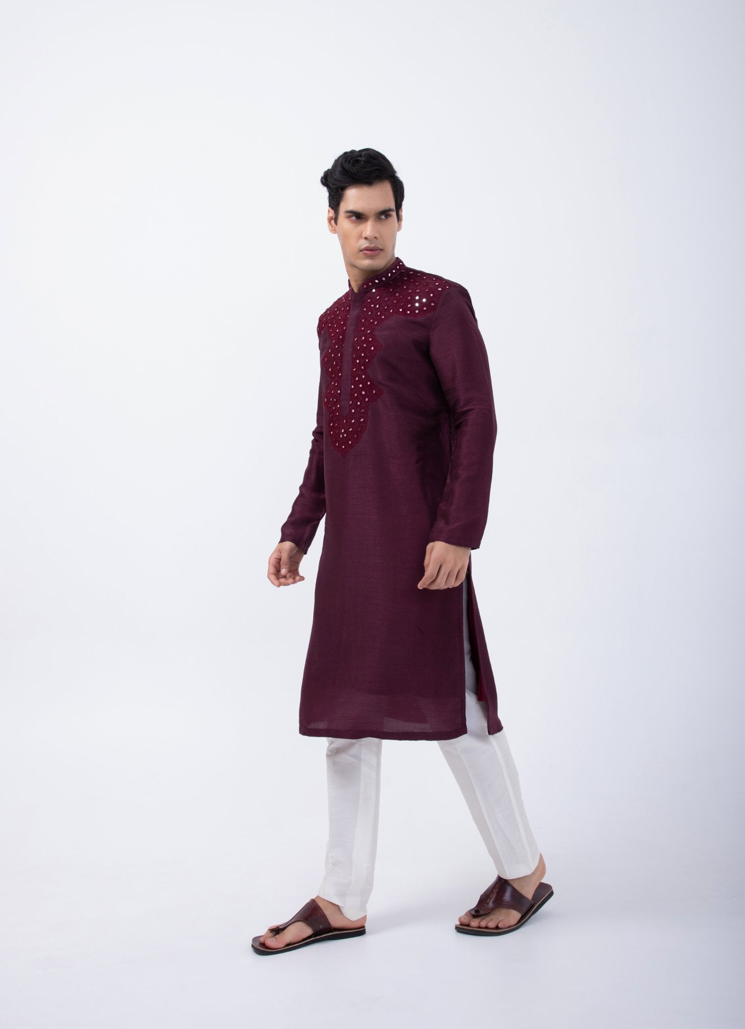 Wine Thread With Mirror Embriodery Kurta Set