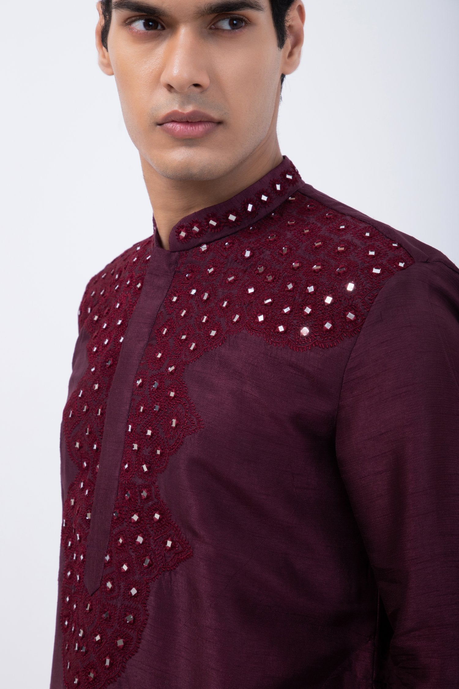 Wine Thread With Mirror Embriodery Kurta Set