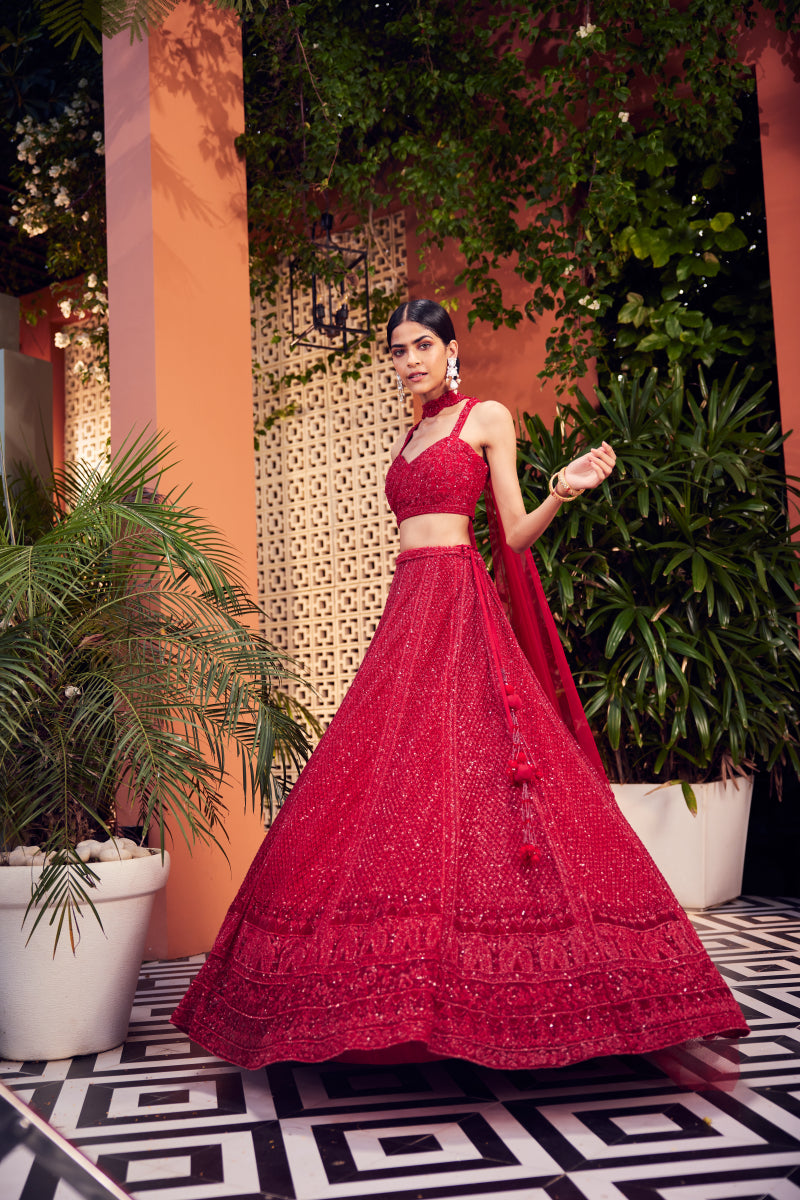 Red Heavily Embellished Lehenga