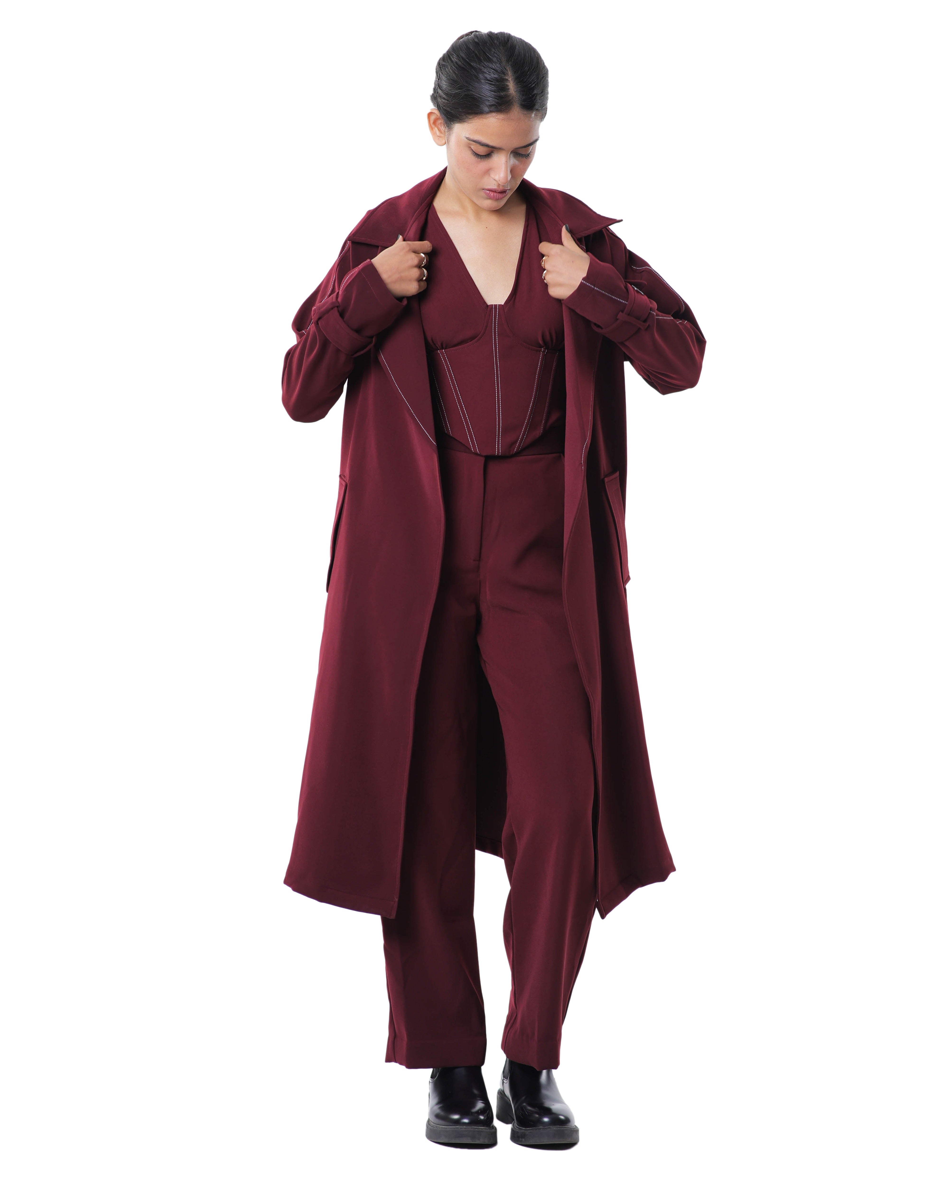 TRENCH COAT WITH AFFAIR CORSET PAIRED UP WITH HIGH WAISTED PANTS