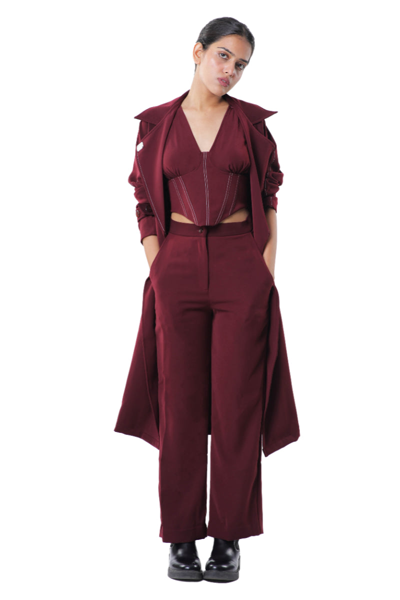 TRENCH COAT WITH AFFAIR CORSET PAIRED UP WITH HIGH WAISTED PANTS