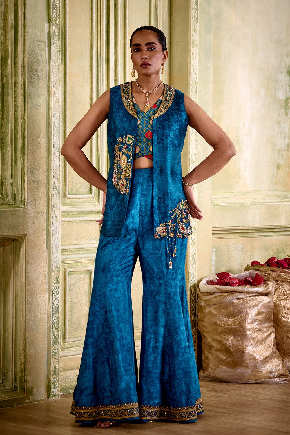 Naqsh embroidered jacket blue sharara set