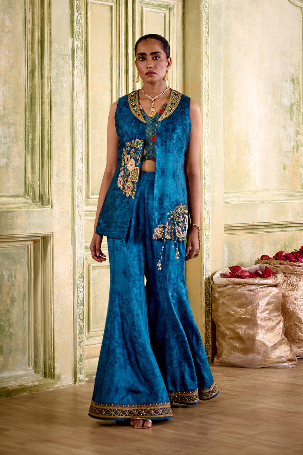 Naqsh embroidered jacket blue sharara set