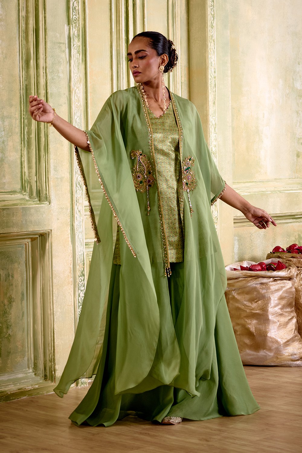 Nazaara Embroidered Sage Green Cape Set