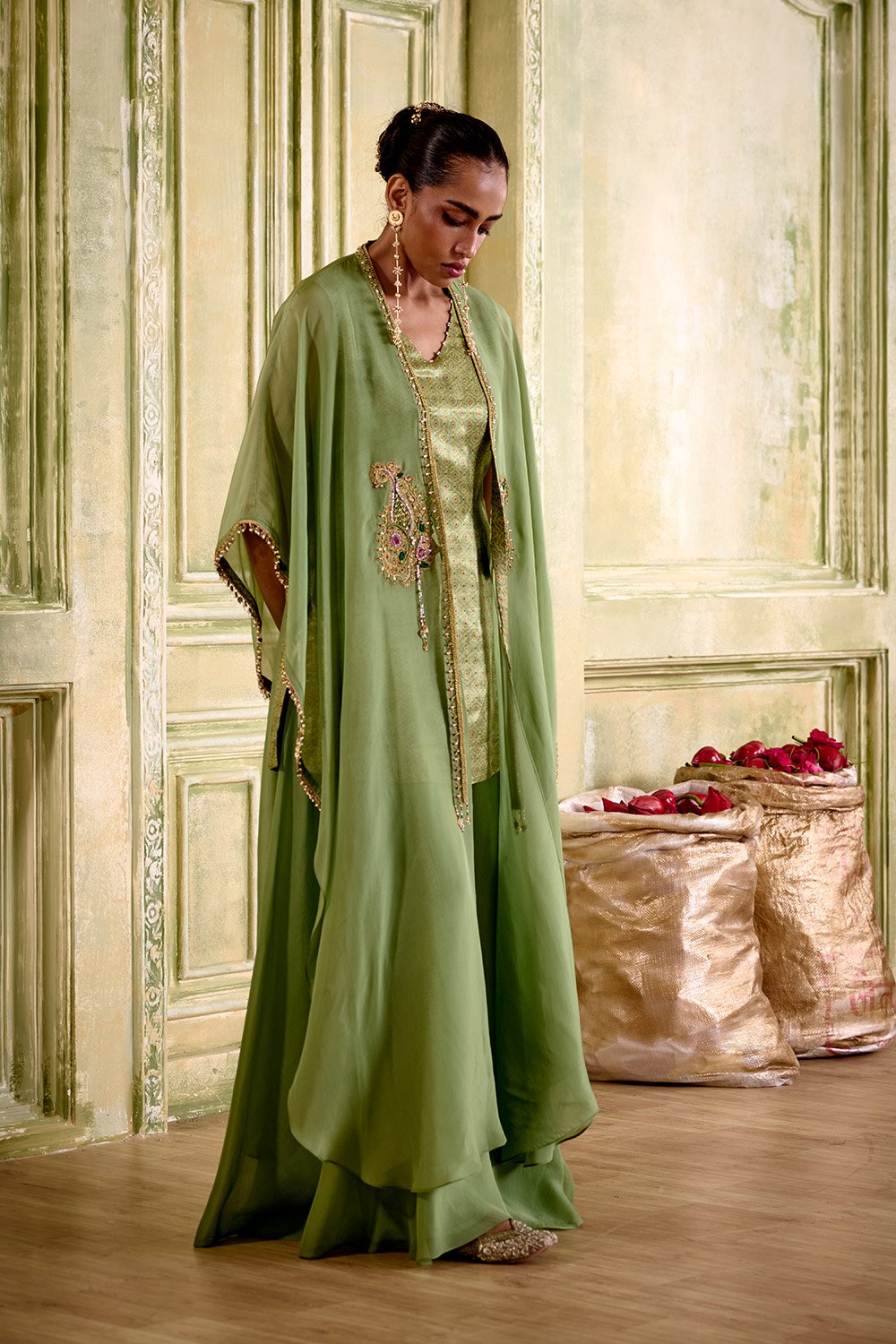 Nazaara Embroidered Sage Green Cape Set
