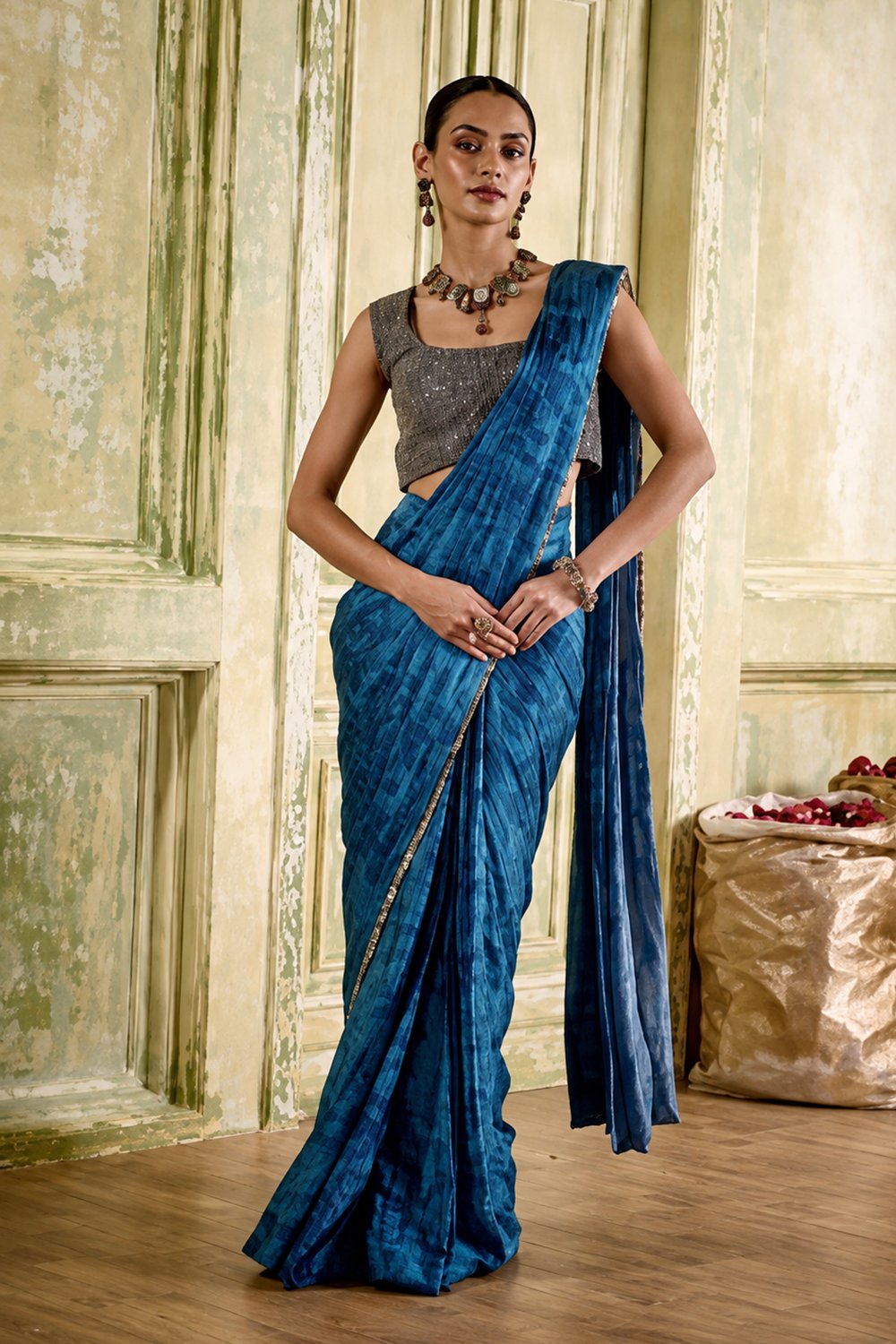 Neelam Embroidered Jewel Blue Pre-Draped Saree