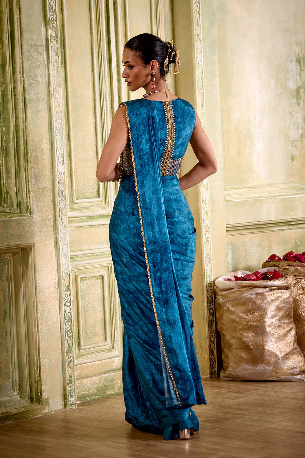 Neelam Embroidered Jewel Blue Pre-Draped Saree