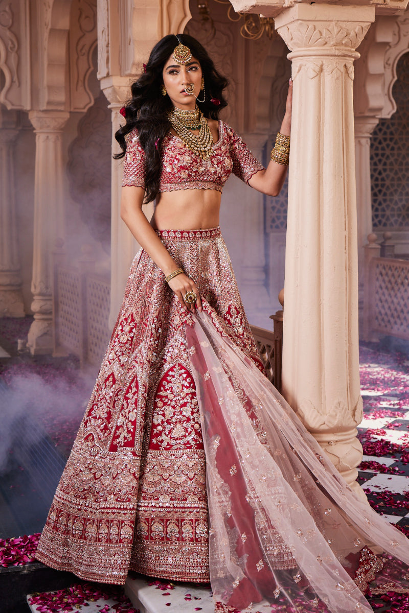 Red Heavily Embroidered Lehenga